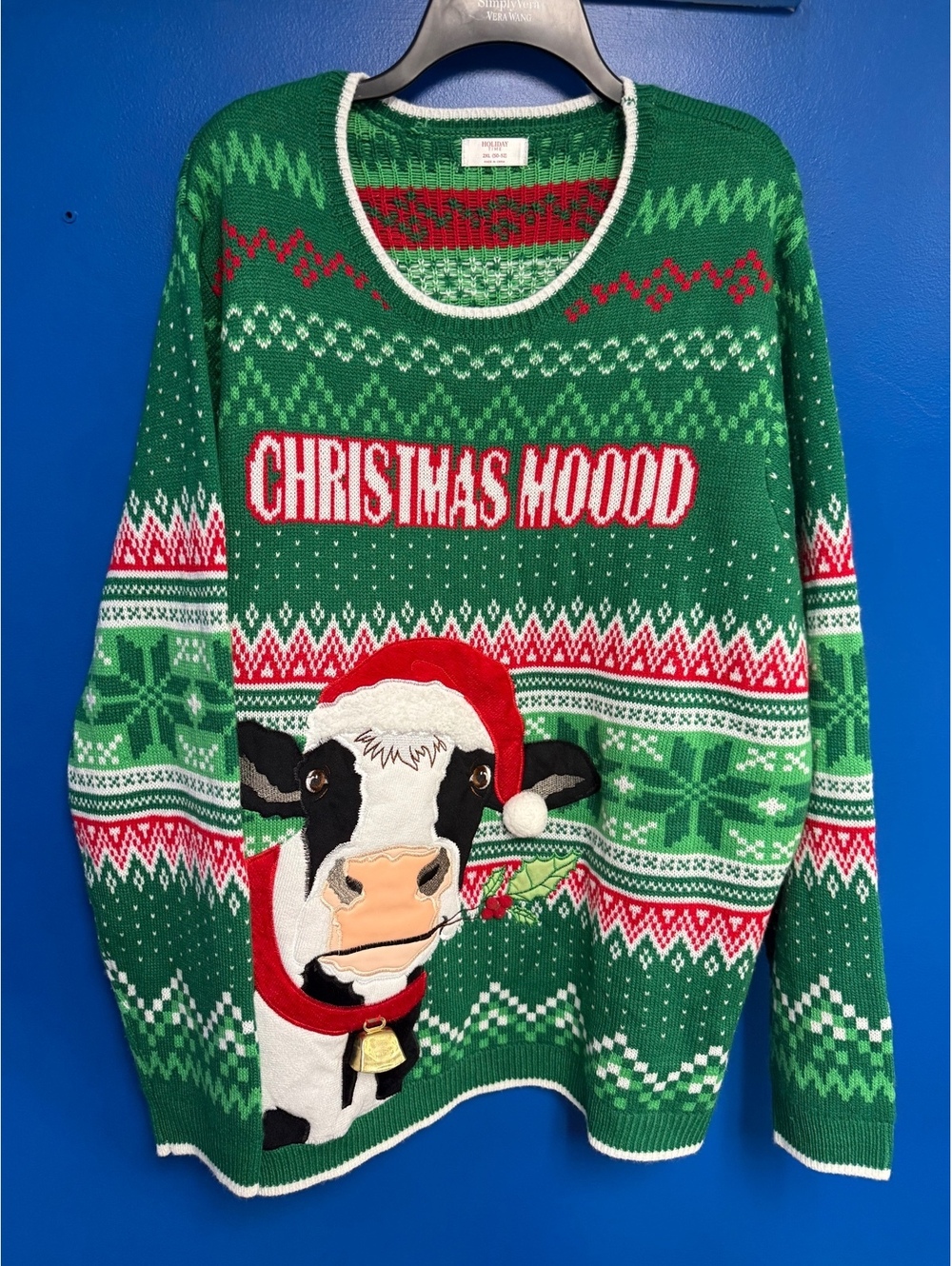 Holiday Time Christmas Mood Cow Ugly Sweater 3D Bell Santa Hat Mens 2XL